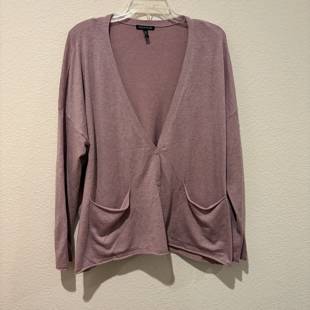EUC Eileen Fisher Long Sleeve Cardigan Sweater Lavender Women Large Slouchy Boxy